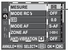 MESURE MODE RC ⚡ OFF $2 0.0 MODE AF S-AF ZONE AF [-●●●] ANTI-VIBRATION [●] OFF ANNULE→MEN →SELECT→OK→OK