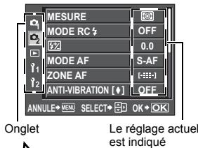 MESURE MODE RC OFF 0.0 MODE AF S-AF ZONE AF [---] ANTI-VIBRATION [●] OFF ANNULE→MENU SELECT→OK OK Onglet Le réglage actuel est indiqué