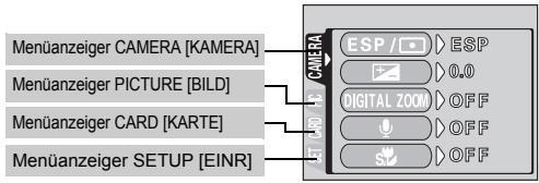 Menüanzeiger CAMERA [KAMERA] Menüanzeiger PICTURE [BILD] Menüanzeiger CARD [KARTE] Menüanzeiger SETUP [EINR] ESP / ESP 0.0 DIGITAL ZOOM OFF OFF OFF