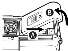 OLYMPUS C-50 ZOOM - Slide the battery/card compartment cover in the direction of the arrow A and open it in the direction of the arrow B. - 1