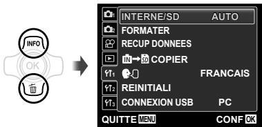INFO OK INTERNET/SD AUTO FORMATER RECUP DONNEES IN → SD COPIER Y1: FRANCAIS Y2: REINITIALI Y3: CONNEXION USB PC QUITTE MENU CONF OK
