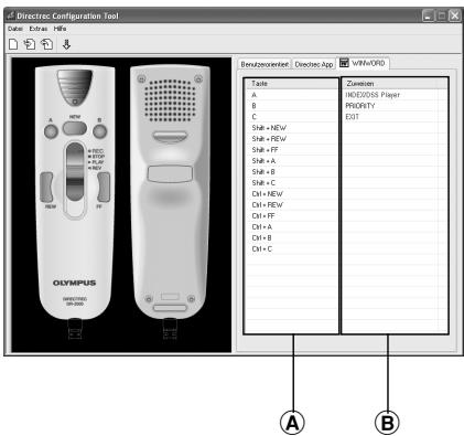 OLYMPUS DR-2000 - Wählen Sie das der Dialogfenster [Directrec Configuration Tool] hinzugefügte Register und programmieren Sie die Schnelltaste auf den programmierbaren (A, B, C) Tasten des Directrec. - 1