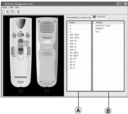 OLYMPUS DR-2000 - Sélectionnez l'onglet ajouté à la boîte de dialogue [Directrec Configuration Tool] et programmez la touche de raccourci dans les touches programmables (A, B et C) du Directrec. - 1
