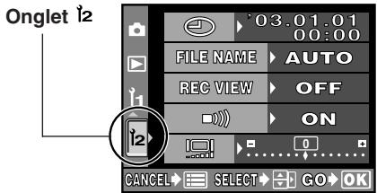 Onglet 12 03.01.01 00:00 FILE NAME AUTO REC VIEW OFF ON CANCE SELECT GO OK