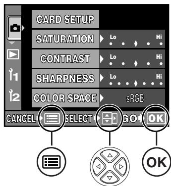 CARD SETUP SATURATION CONTRAST SHARPNESS COLOR SPACE sRGB CANCEL SELECT GO OK