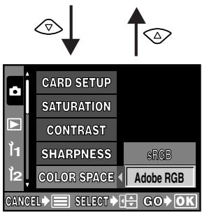 CARD SETUP SATURATION CONTRAST SHARPNESS sRGB COLOR SPACE Adobe RGB CANCEL SELECT GO OK
