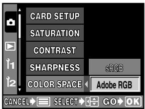 CARD SETUP SATURATION CONTRAST SHARPNESS COLOR SPACE sRGB Adobe RGB CANCEL SELECT GO OK