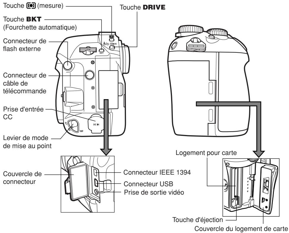 Touche (mesure) Touche BKT (Fourchette automatique) Connecteur de flash externe Connecteur de câble de télécommande Prise d'entrée CC Levier de mode de mise au point Couvercle de connecteur Touche DRIVE Logement pour carte Connecteur IEEE 1394 Connecteur USB Prise de sortie vidéo Touche d'éjection Couvercle du logement de carte