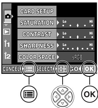 CARD SETUP SATURATION CONTRAST SHARPNESS COLOR SPACE sRGB CANCEL SELECT OK