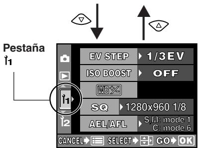 Pestaña EV STEP 1/3EV ISO BOOST OFF SQ 1280x960 1/8 AEL/AFL S.M: mode 1 C: mode 6 CANCEL SELECT GO OK