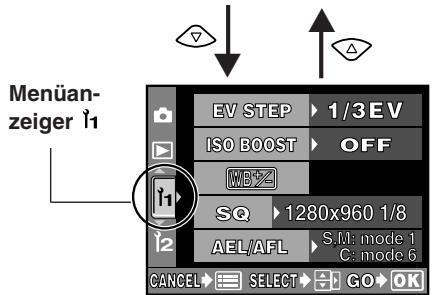Menüan- zeiger 1 EV STEP 1/3EV ISO BOOST OFF WB% SQ 1280x960 1/8 AEL/AFL S.N: mode 1 C: mode 6 CANCEL SELECT GO OK