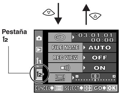 Pestaña 12 03.01.01 00:00 FILE NAME AUTO REC VIEW OFF ON 12 CANCEL SELECT GO OK