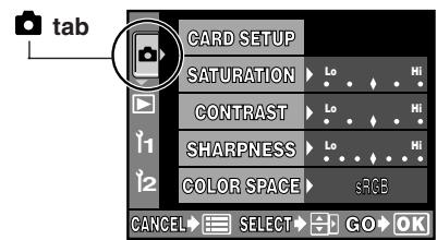 tab CARD SETUP SATURATION Contrast SHARPNESS COLOR SPACE sRGB CANCEL SELECT GO OK