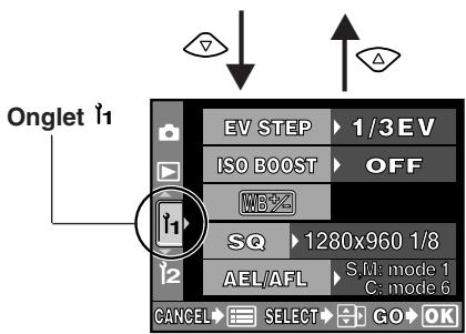 Onglet i1 EV STEP 1/3 EV ISO BOOST OFF WB2Z SQ 1280x960 1/8 AEL/AFL S U: mode 1 C: mode 6 CANCEL SELECT GO OK