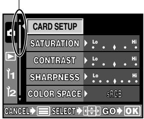 CARD SETUP SATURATION ▶ Lo ▶ Hi CONTRAST ▶ Lo ▶ Hi SHARPNESS ▶ Lo ▶ Hi COLOR SPACE ▶ sRGB CANCEL ▶ SELECT ▶ GO ▶ OK
