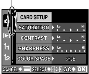 CARD SETUP SATURATION ▶ Lo ▶ Hi CONTRAST ▶ Lo ▶ Hi SHARPNESS ▶ Lo ▶ Hi COLOR SPACE ▶ sRGB CANCEL ▶ SELECT ▶ GO ▶ OK