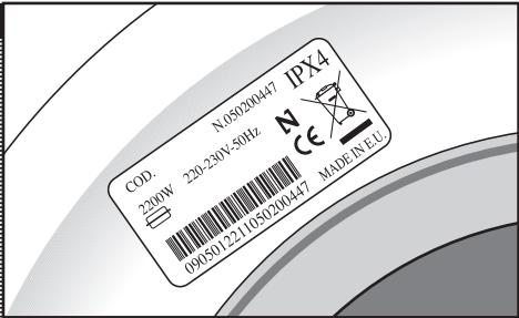 COD N 05020047 IPX4 2200W 220-230V-50Hz N CE 090501221050200447 MADE INEU