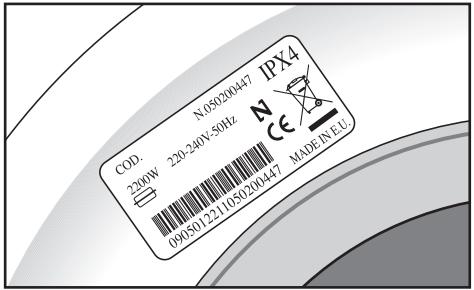 COD. N050200447 IPX4 220W 220-240V-50Hz N CE 109501221050200447 MADE IN EU
