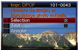 Impr. DPOF 101-0043 Nombre de tirages et horodatage photo actuelle. Sélection Tout Annuler