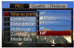 REC Qualité Réglage Mise au pointe Continu Retardateur Antibouge Zone AF Mode easy AF VMacro PF ∞ MF