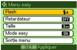 Menu easy Flash Retardateur Taille Mode easy Sortie menu