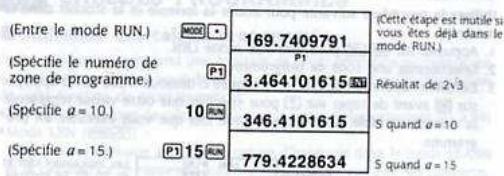 (Entre le mode RUN.) (Specifie le numéro de zone de programme.) (Specifie a = 10.) (Specifie a = 15.) (Cette étape est mutule si vous êtes déjà dans le mode RUN.) P1 169.7409791 3.464101615 346.4101615 779.4228634 Résultat de 2/3 S quand a = 10 S quand a = 15