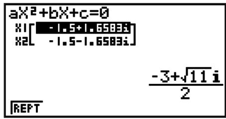 CASIO FX-9860G AU - Pour résoudre l'équation quadratique x^2 + 3x + 5 = 0 dans le mode EQUA - 2