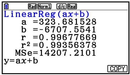 CASIO FX COLOR GRAPH 20 - - Copie de la formule de régression depuis l'écran de résultat d'un calcul de régression - 1