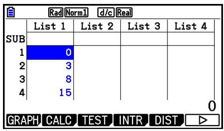 CASIO FX COLOR GRAPH 20 - Exemple Utiliser le mode Table pour créer un tableau de chiffres pour la formule (Y1 = x^2 - 1) , puis copiez le tableau dans la liste 1 du mode Statistics - 3