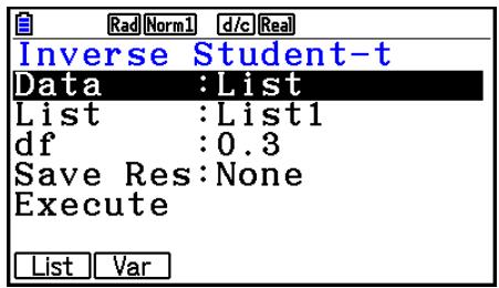 CASIO FX COLOR GRAPH 20 - - Distribution t de Student cumulative inverse - 1