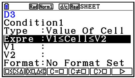 CASIO GRAPH COLOR FX-CG20 - - Configuration des paramètres du type de condition Value Of Cell - 1