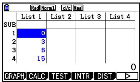 CASIO GRAPH COLOR FX-CG20 - Exemple Utiliser le mode Table pour creer un tableau de chiffres pour la formule (Y1 = x^2 - 1) , puis copiez le tableau dans la liste 1 du mode Statistics - 3