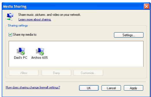 ARCHOS 405/605/705 - CONFIGURER LES OPTIONS DE PARTAGE DE WINDOWS MEDIA® PLAYER - 2