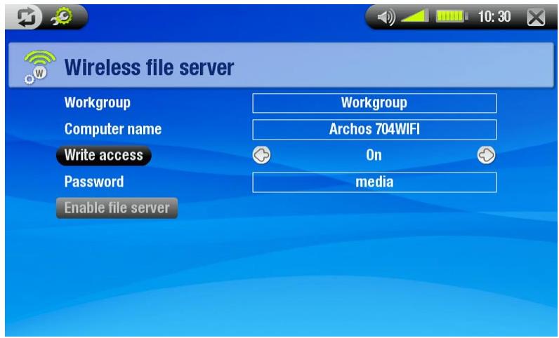 ARCHOS 704 WIFI - PARAMÈTRES DU SERVEUR DE FICHIER SANS FIL - 2