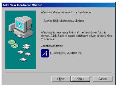 ARCHOS JUKEBOX MULTIMEDIA 120 - Installer les pilotes pour Windows 98SE - 2
