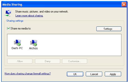 ARCHOS 5 INTERNET TABLET - CONFIGURATION DES OPTIONS DE PARTAGE DE LECTEUR WINDOWS MEDIA® - 2