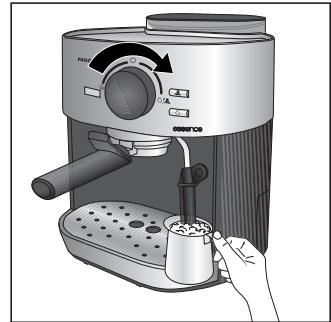Diagram of a coffee maker with labeled control panel and hand holding cup, showing mechanical setup and brand name.