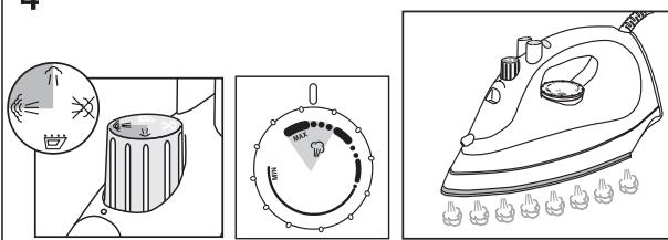 Diagram illustrating the use of a hairdryer, showing step-by-step usage and control panel with a rotary dial.