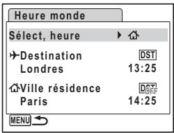 PENTAX OPTIO M30 - Affichage de l'heure de la destination sur l'écran LCD (Sélect, heures) - 1