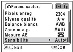 Param. capture Pixels enreg 2304 Niveau qualité ★★ Balance blancs AWB Zone m.a.p. Multi Mesure AE Sensibilité Auto MENU Exit OK OK