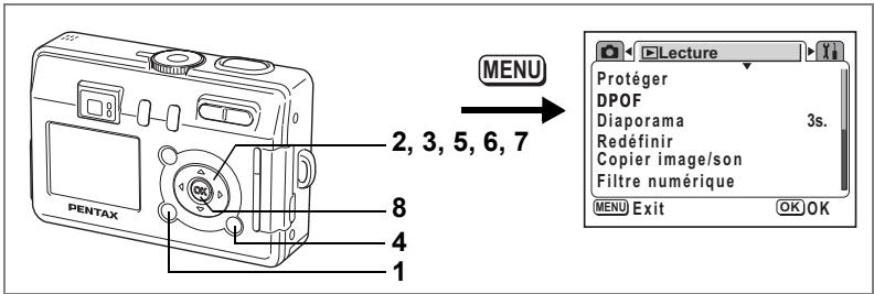 PENTAX 2, 3, 5, 6, 7 8 4 1 MENU Protéger DPOF Diaporama 3s. Redéfinir Copier image/son Filtre numérique MENU Exit OK OK
