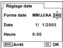 Réglage date Forme date MM/JJ/AA 24h Date 1/ 1/2005 Heure 0:00 MENU Arrêt OK OK