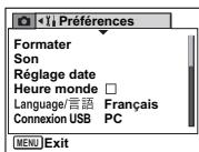 Formater Son Réglage date Heure monde Language/言語 Français Connexion USB PC MENU Exit