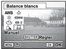 Balance blancs AWB Manuel SHUTTER Régler MENU OK OK
