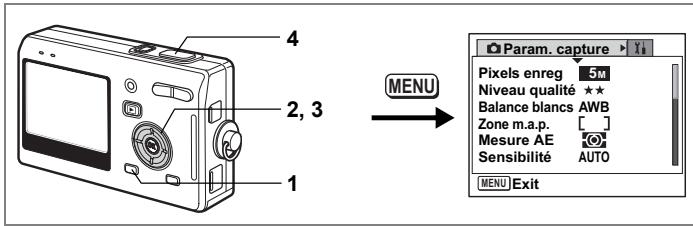 4 2, 3 1 MENU Param. capture Pixels enreg 5M Niveau qualité ★★ Balance blancs AWB Zone m.a.p. [ ] Mesure AE Sensibilité AUTO MENU Exit