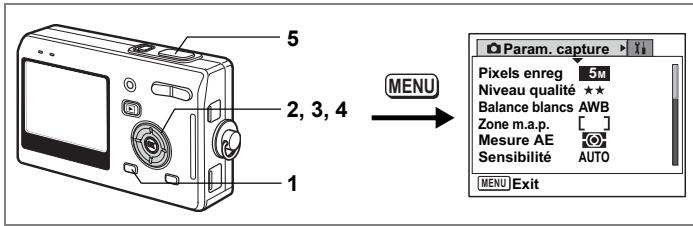 5 2, 3, 4 1 MENU Param. capture Pixels enreg 5M Niveau qualité ★★ Balance blancs AWB Zone m.a.p. [ ] Mesure AE (●) Sensibilité AUTO MENU Exit