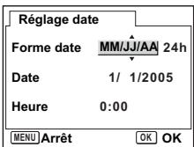 Réglage date Forme date MM/JJ/AA 24h Date 1/ 1/2005 Heure 0:00 MENU Arrêt OK OK