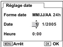 Réglage date Forme date MM/JJ/AA 24h Date 1/1/2005 Heure 0:00 MENU Arrêt OK OK