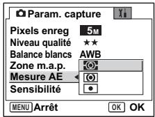 Param. capture Pixels enreg 5M Niveau qualité ★★ Balance blancs AWB Zone m.a.p. Mesure AE Sensibilité MENU Arrêt OK OK