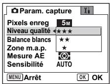 Param. capture Pixels enreg 5M Niveau qualité ★★★★ Balance blancs ★ Zone m.a.p. ★ Mesure AE AUTO Sensibilité MENU Arrêt OK OK